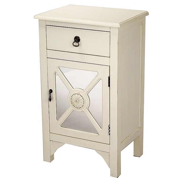30' Antique White Wood Mirrored Glass Accent with a Drawer and