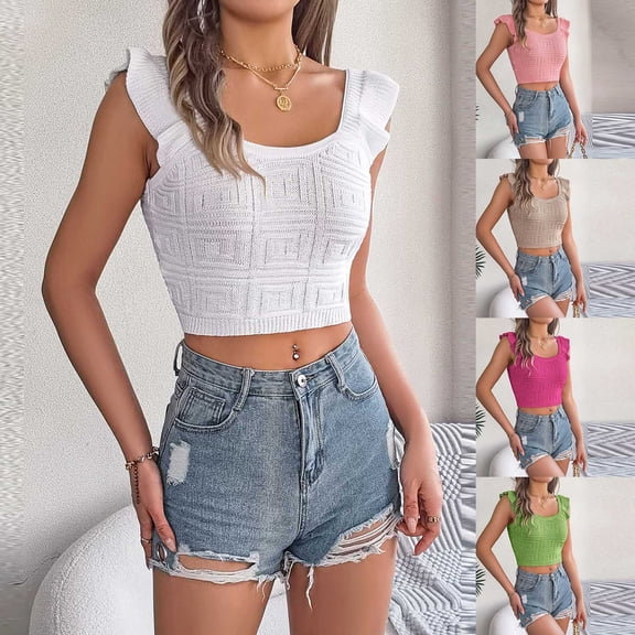 STETMN Women's Summer Ruffle Sleeve Tank Top Square Neck Knit Crop Tops Casual Cropped Tank