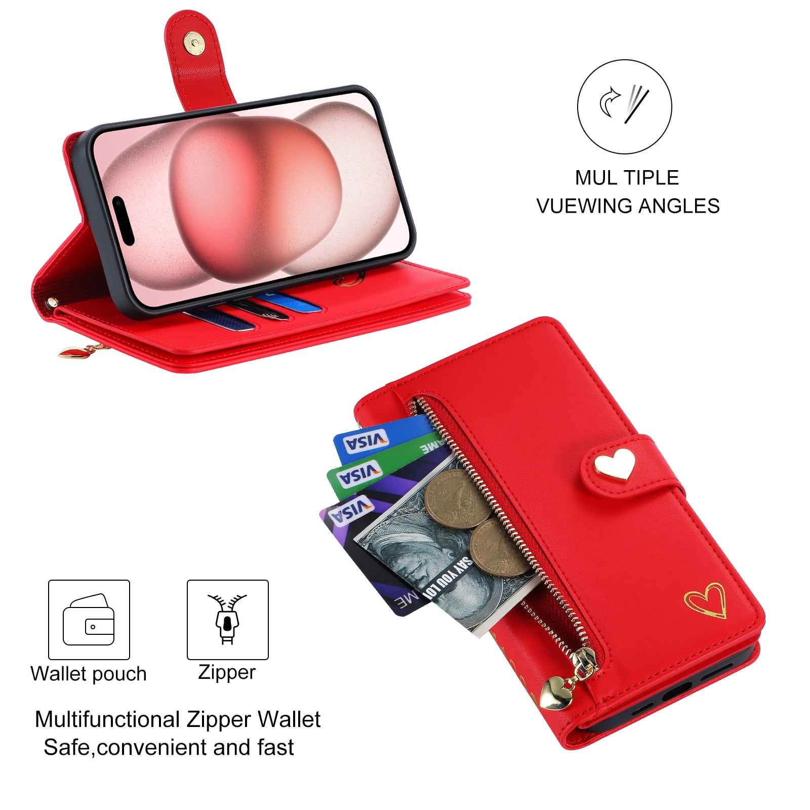 Case for Sharp Aquos Android One S5 Wallet phone case with zipper pocket, wrist strap, flip cover and built-in card slots.