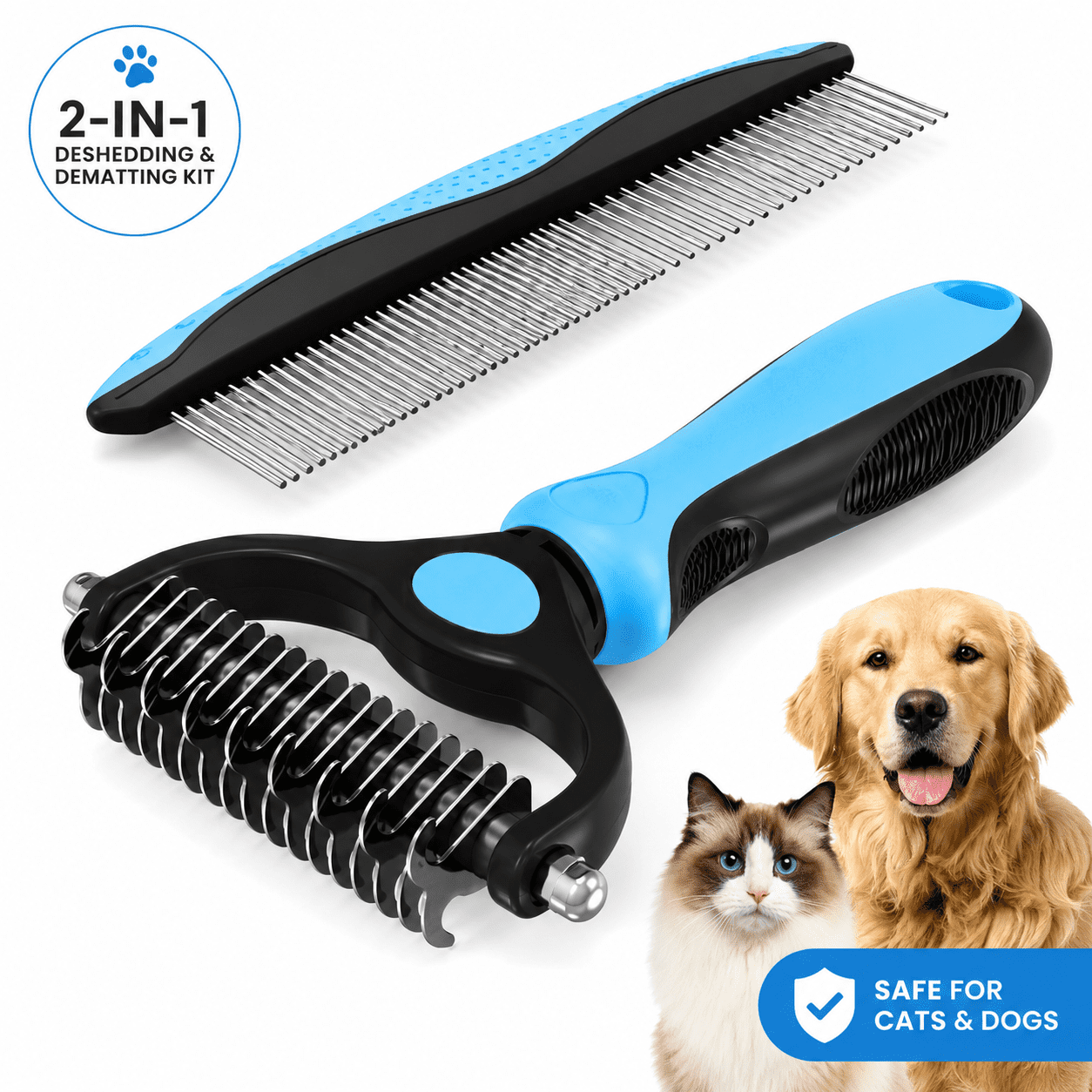 Pet Grooming Combo - Blue Deshedding Brush with Metal Comb for Detangling and Dematting Long, Matted Fur on Cats and Dogs