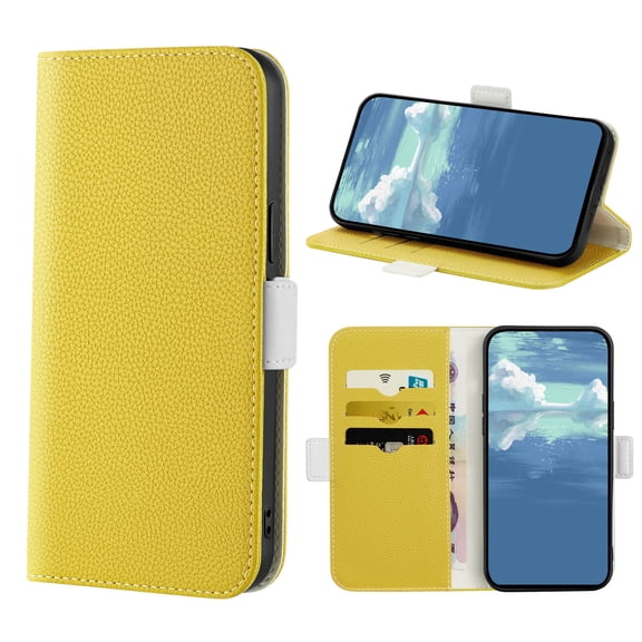 Allytech For iPhone 14 Pro 6.1 inch Wallet Case,Stylish Candy Color Lychee Pattern PU Leather Flip Card Slots Stand Shockproof Soft TPU Magnetic Full Body Protection Cover.For iPhone 14 Pro,Yellow