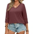 thumbnail image 3 of WellSize 3/4 Sleeve Womens Plus Size Tops V Neck Trendy Tunic Fall Blouses Curved Hem Casual Shirts, 3 of 10
