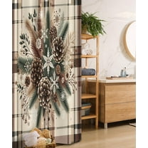 Christmas Stall Shower Curtain, Traditional Xmas Pinecone and Leaves Ornate on Plaid Background Print, Fabric Bathroom Decor Set with Hooks, 36" W x 72" L, Cocoa Brown Sage Green