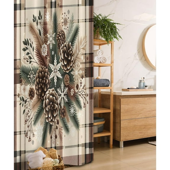 Christmas Stall Shower Curtain, Traditional Xmas Pinecone and Leaves Ornate on Plaid Background Print, Fabric Bathroom Decor Set with Hooks, 36" W x 72" L, Cocoa Brown Sage Green