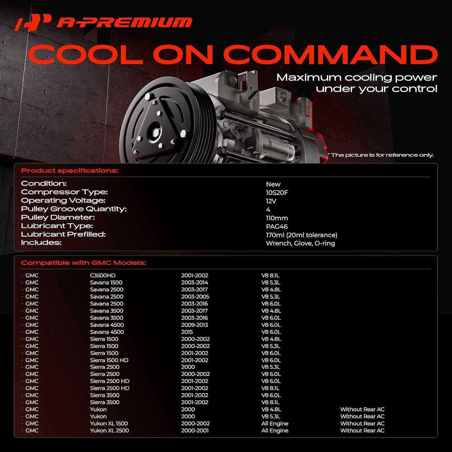 A-Premium AC Compressor with Clutch Compatible with Chevrolet, GMC Models - Silverado, Suburban, Sierra, Avalanche, Express, Tahoe, Yukon, Escalade, & More - with 2 Mounting Holes
