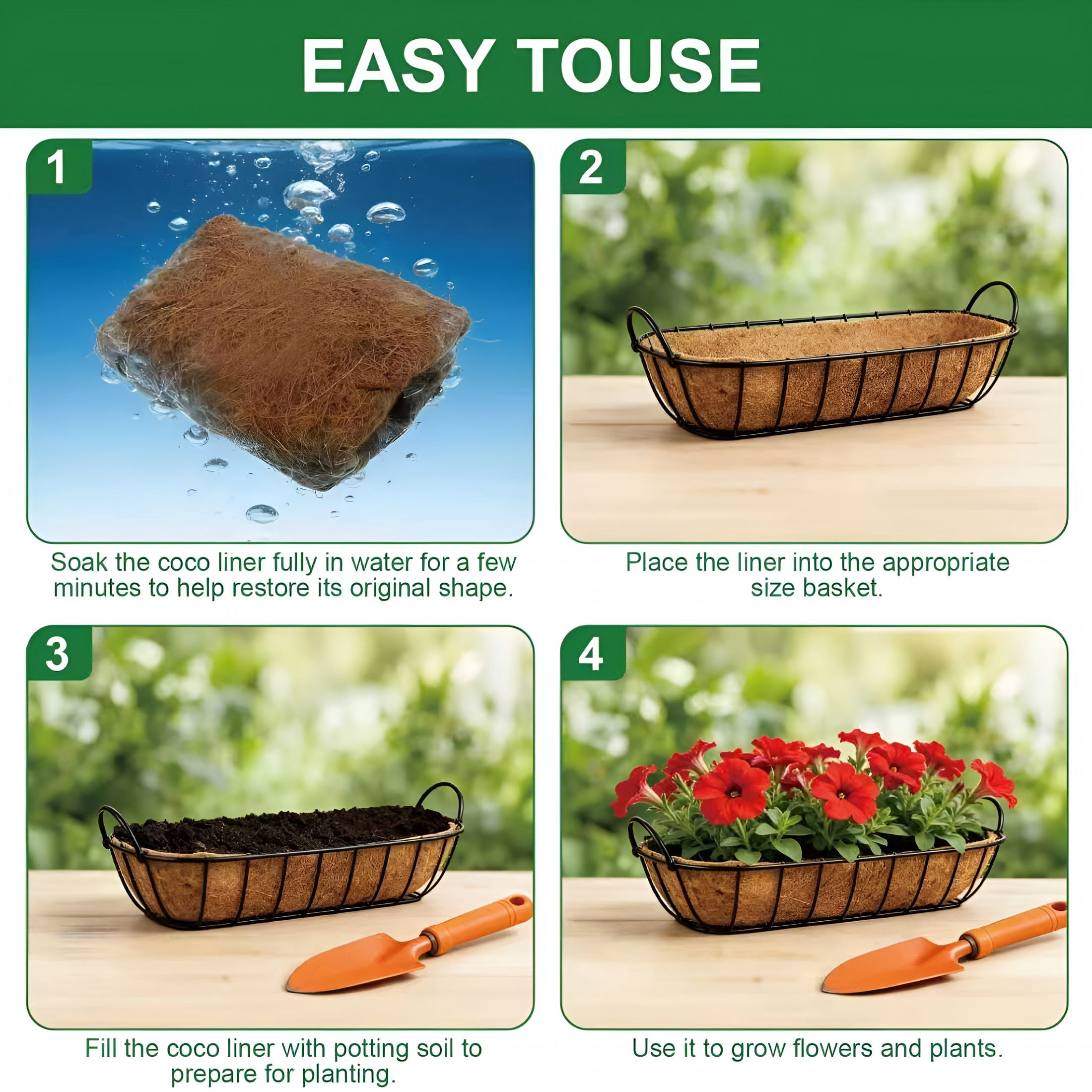AUQ 2-Pack 24 Inch Coco Liners for Planters-Trough Coco Liner for Window Box,Fence Flower Baskets | Liners for Hanging Baskets,Planter Box Liner,24 Inch Coconut Liners for Planters