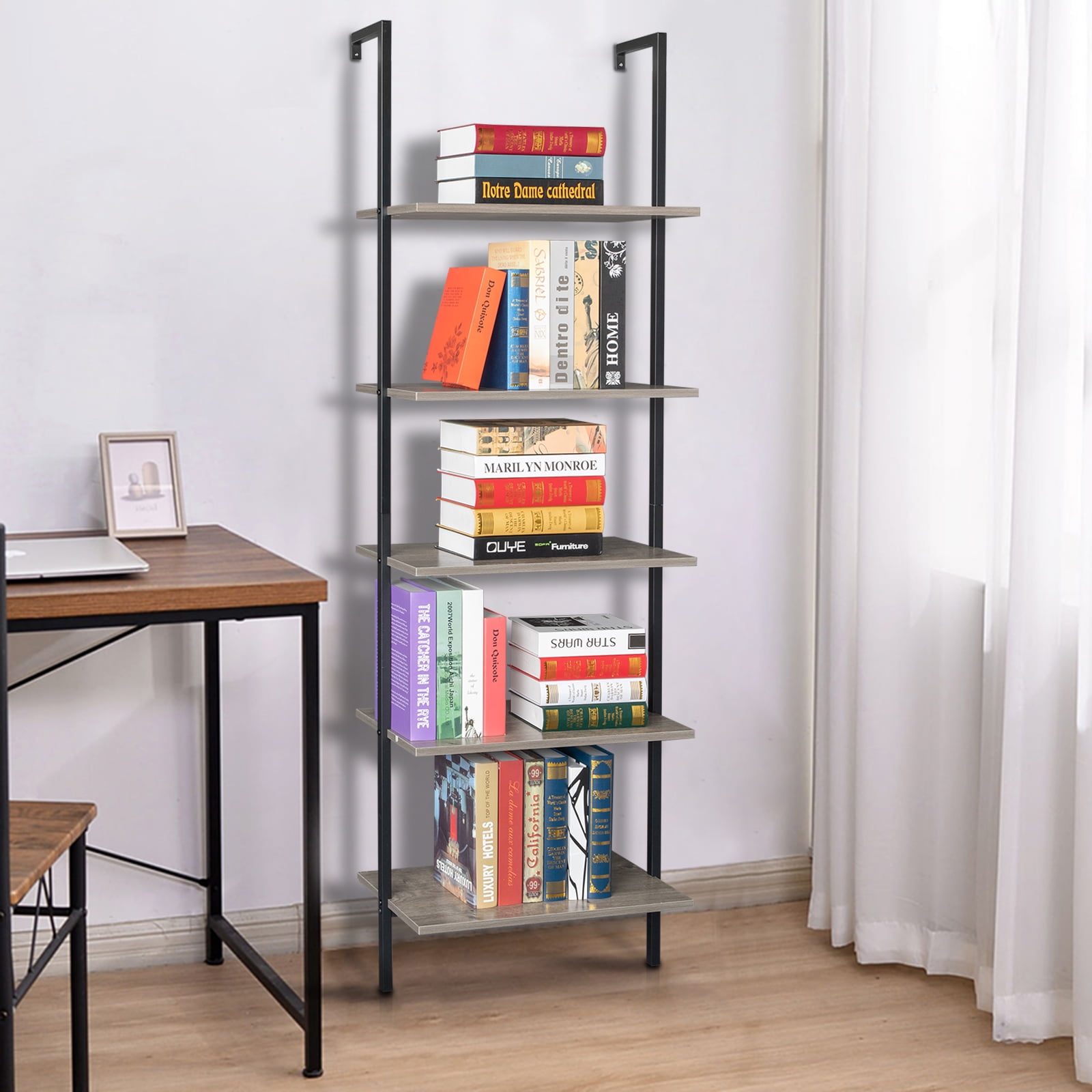 5-Layer Wall-Mounted Display Rack, Iron Frame with MDF Shelves, 24.02 x 12.01 x 72 in, Black