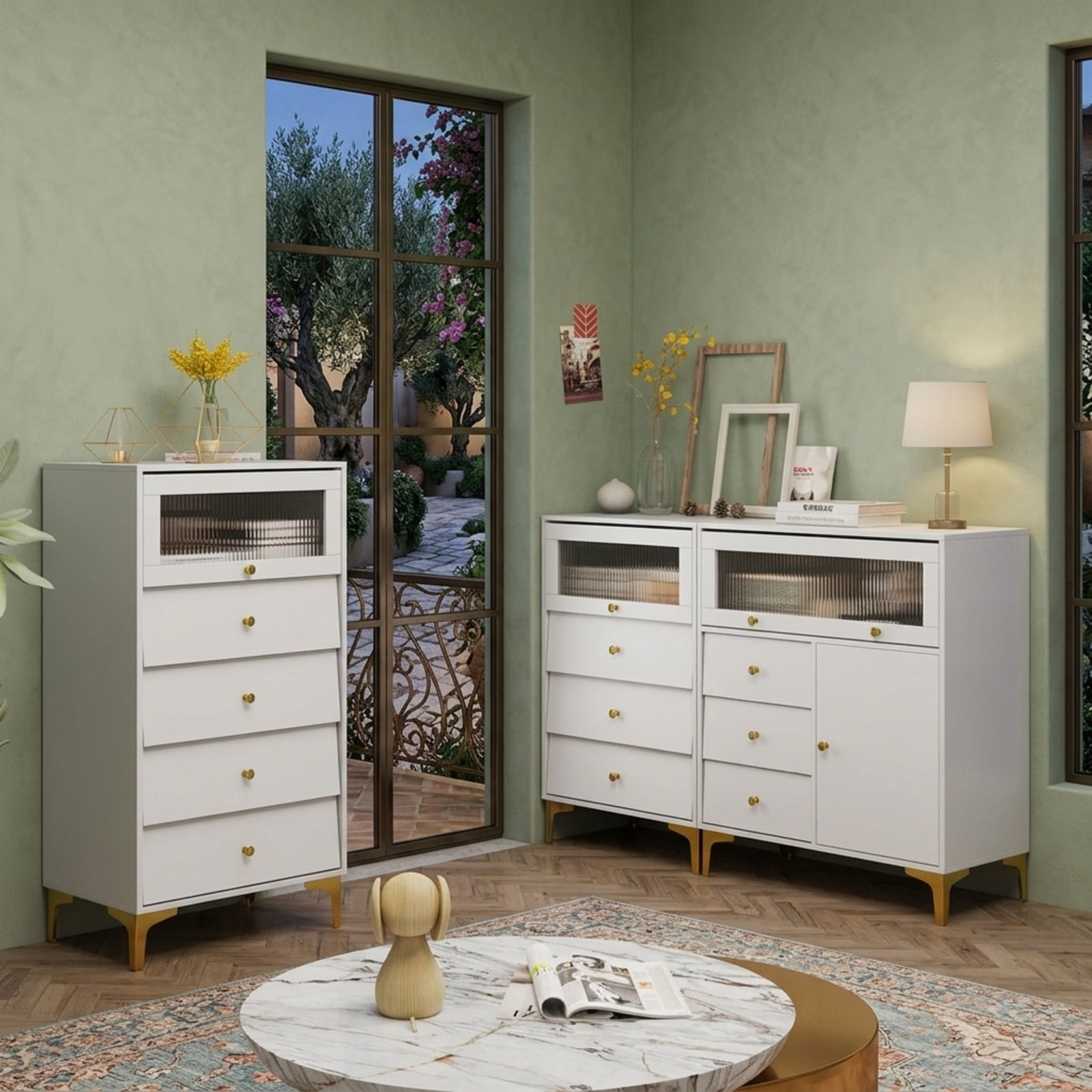 Furnibear Chest of Drawers with Flip Up Fluted Glass Door 3 Drawer Storage Cabinet Dresser for Bedroom Living Room Kitchen, Gray
