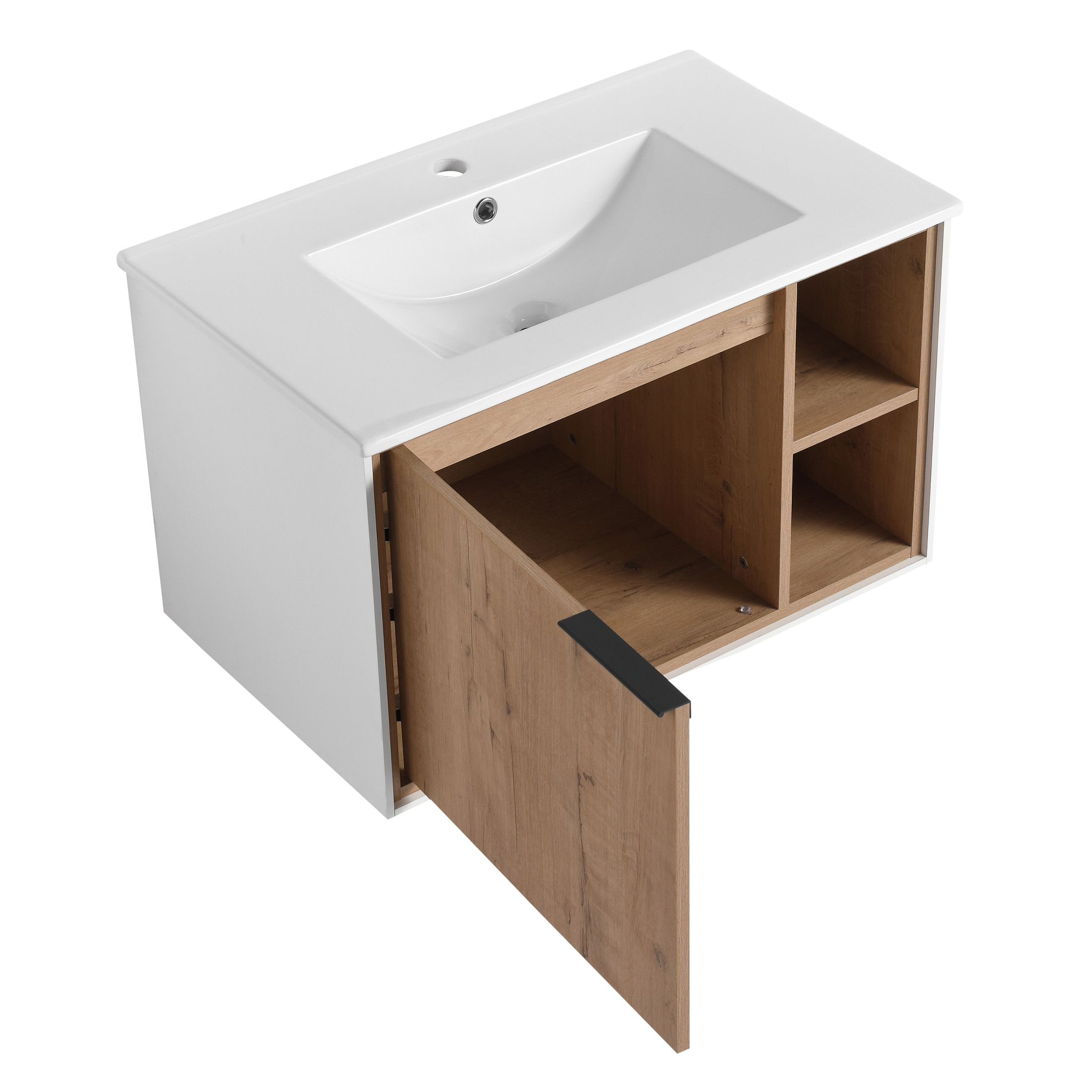 Noble House 30" Floating Wall-Mounted Bathroom Vanity, Ceramic Sink, Soft-Close Door, Open Racks, Imitative Oak