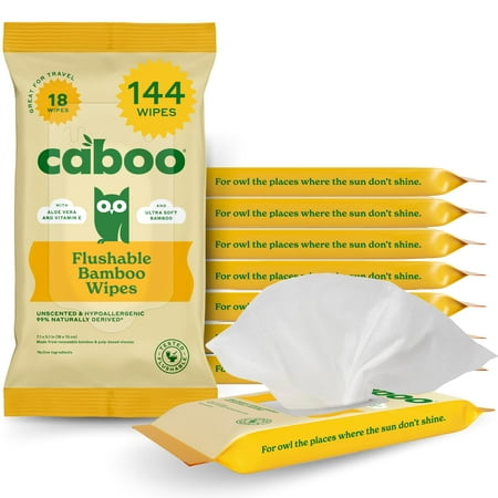 Caboo Tree Free Flushable Wipes, Travel Flushable Wipes, Certified Flushable, Septic Safe, Eco Friendly, Biodegradable Flushable Wipes For Adults | Pack Of 8, Total Of 144 Travel Toilet Wipes