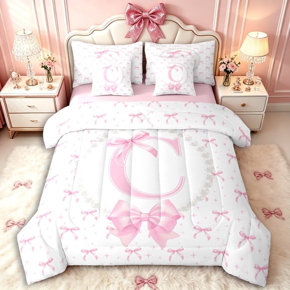 Manfei Ribbon Bow Tie Letter C Monogrammed Twin Bedding Sets 7-Piece for Teens Girls,Kids Cute Bowknot Pearl Bedding Comforter Set,Pink Reversible,Super Cozy Room Decor