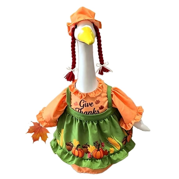 Thanksgiving Porch Goose Outfit for 23 Inch Statue, Fall Harvest Farmhouse Dress with "Give Thanks" Print, Cute Autumn Lawn Ornament Costume for Front Yard & Garden Decor