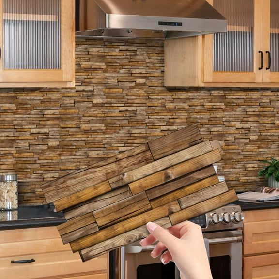 12Sheets Beige Brown Wood Grain DIY Decor Tiles Stickers 4.72 x 9.68inch Self Adhesive Wall Decals Waterproof Peel and Stick Kitchen Backsplash