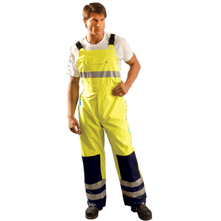 Size 3X Hi-Viz Yellow With Blue 48'' 100% Polyester 150 Denier Oxford With PU Coating Breathable Rain Bib Pants With Elastic Suspenders With Release