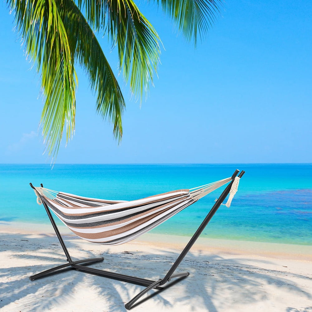 9ft Black Steel Pipe Hammock Frame with 200*150cm Polyester Cotton Hammock Coffee Strip Natural Rope Iron Hammock Set 9ft Black Steel Pipe Hammock Frame with 200*150cm Polyester Cotton Hammock Coffee Strip Natural Rope Iron Hammock Set