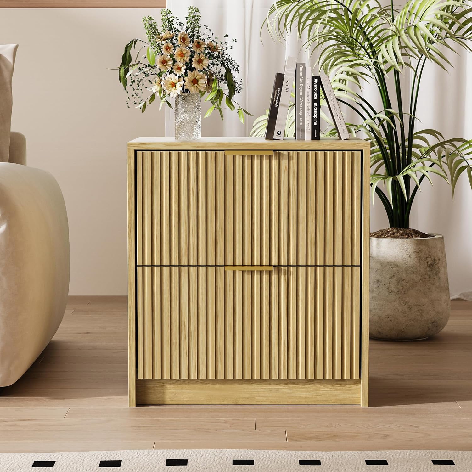 FURNIWAY Set of 2 Fluted Nightstand with 2 Drawers, Modern Storage Bedside Table with Golden Metal Handles, Wooden End Table for Bedroom, Living Room,Nature Oak