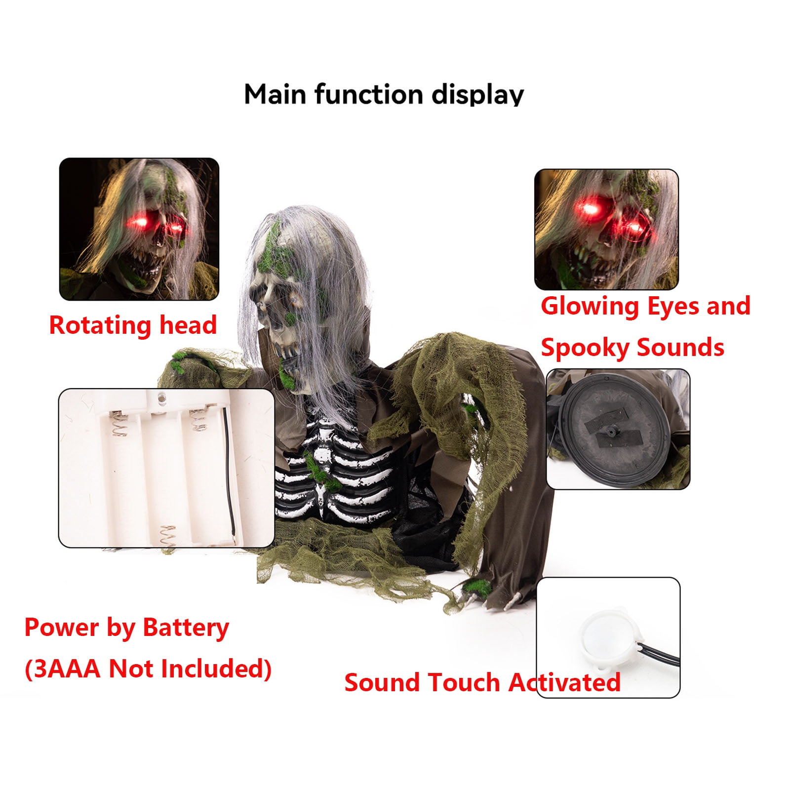 Halloween Zombie Groundbreaker Decoration Outdoor,Scary Animatronics Moss Zombie with Glowing Eyes and Sounds for Graveyard Haunted House Decor,Sounds Activated Animated Swing Body Zombies Props