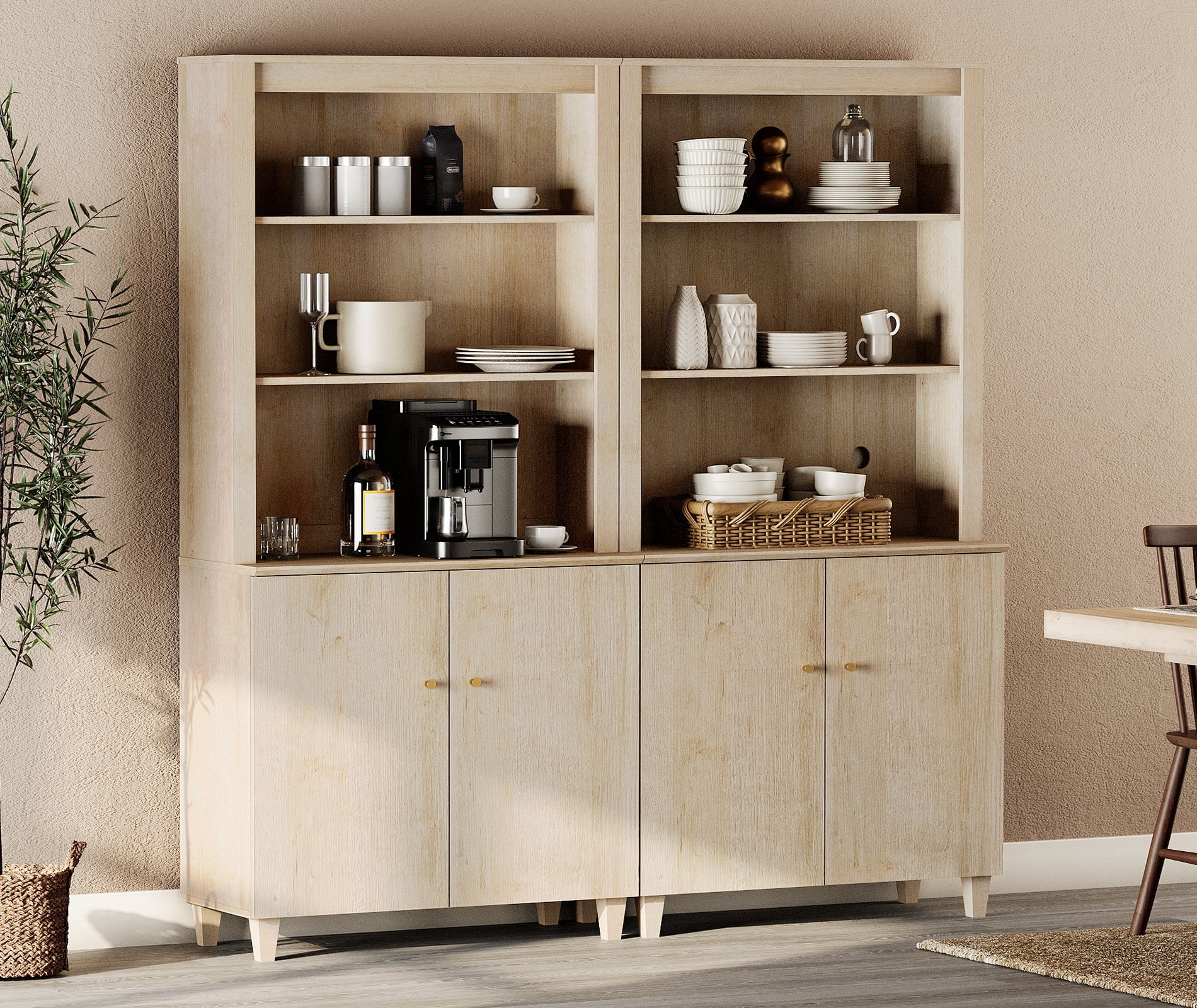 WAMPAT Modern 71" Tall Pantry Cabinet with Doors and Adjustable Shelves for Dining Room, 2-Column 5-Tier, Natural Oak