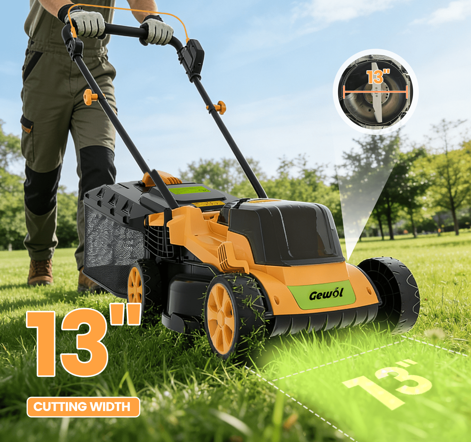 Gewol 20V 13" Cordless Lawn Mower, Push Mower 5-Position Height Adjustment Ultralight with 2×4.0Ah Batteries & Fast Charger