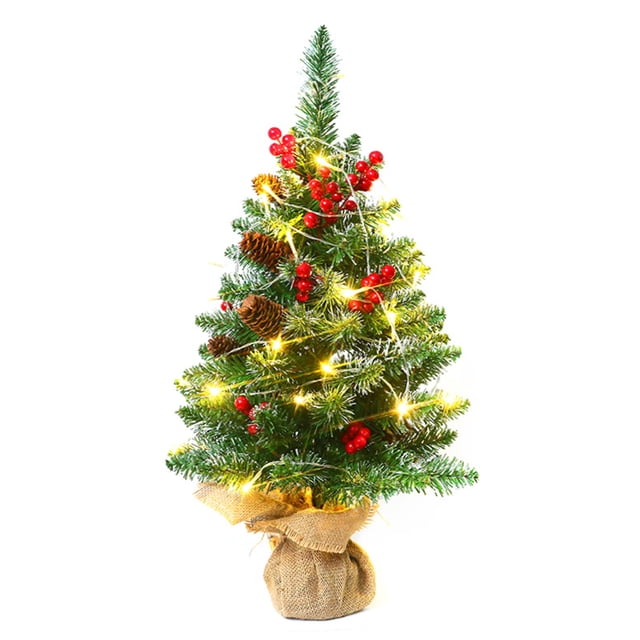 24 Inches Mini Christmas Trees Battery Operated Artificial Prelit Tabletop Christmas Tree with Warm Lamp String Light Berries Pine Cone Ornaments for Dining Table Desk Home Holiday Decorations