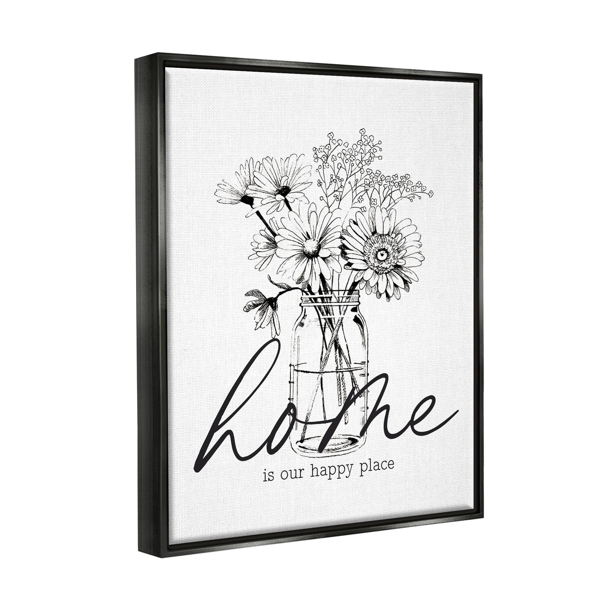 Stupell Industries Home Happy Place Flower Blossoms Jar Bouquet Graphic Art Jet Black Floating Framed Canvas Print Wall Art, Design by Lettered and Lined