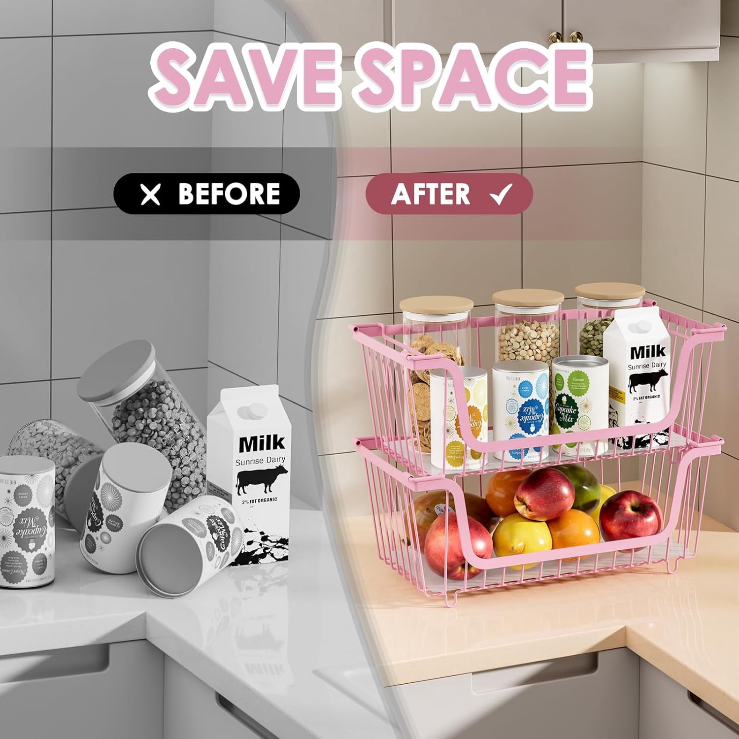 4 Pcs Stackable Wire Baskets for Pantry Organizers and Storage,Vegetable Fruit Basket for Countertop,Kitchen Storage Metal Baskets,Produce Potato Onion Storage Bin,Black