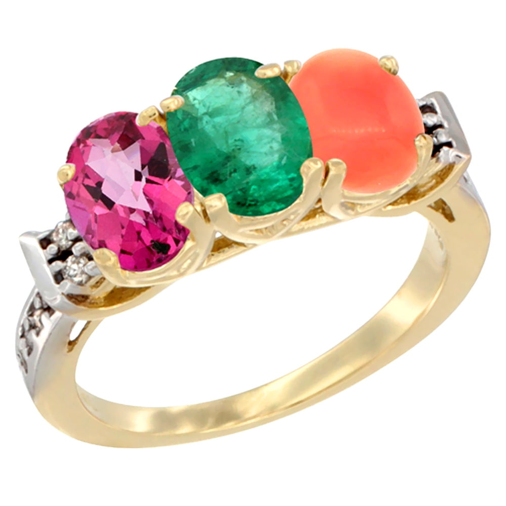10K Yellow Gold Natural Pink Topaz, Emerald & Coral Ring 3-Stone Oval 7x5 mm Diamond Accent, sizes 5 10 by WorldJewels