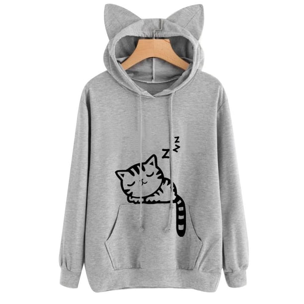 Camisa con capucha de mujer con estampado de gato de dibujos animados de ajuste holgado Sudadera con capucha de cuello redondo de manga larga AweSitey FS9881-18