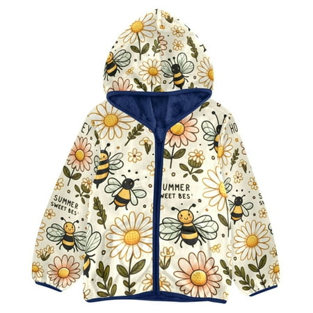 ALAZA Toddler Polar Fleece Jacket Bee Honey and Daisy Flowers Kids Hooded Warm Coats Outerwear 5T