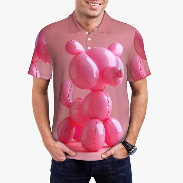 Balery Pink Balloon Puppy Art Camisa Polo de Hombre con Estampado, de Manga Corta y Tejido Medio, Camisa Tipo Golf Polo-4X-Large