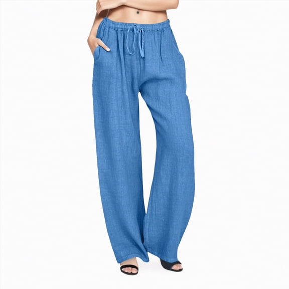 KPOPLK Barrel Pants Women Casual Drawstring Wide Leg Palazzo Pants Summer Elastic Waisted Linen Pants Trousers with Pockets Size XXL,Blue