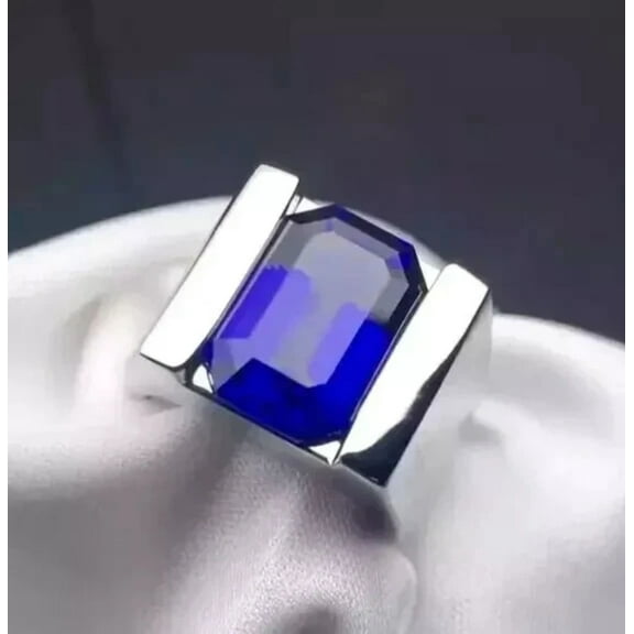 ClassicGems 4.50 CT Emerald Cut Lab Created Blue Sapphire 14K White Gold Plated 925 Sterling Silver Men's Solitaire Ring