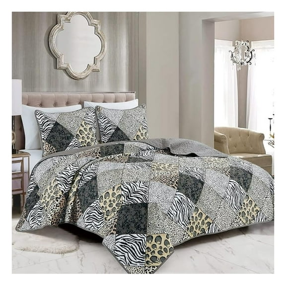 Animal Print Bedspread Set - Leopard Zebra Cheetah Quilt - Rustic Cabin Bedding - Reversible Coverlet for All Season (Twin, Black)