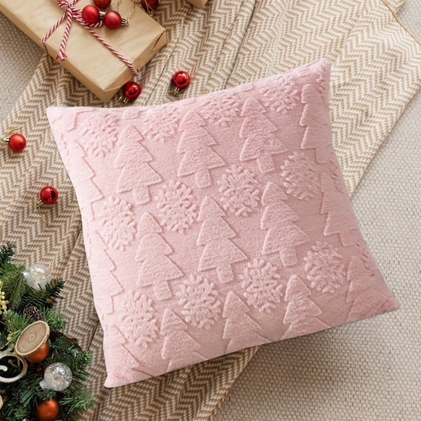 Funda de almohada de Navidad 50x50cm - Diseño de árbol navideño rosa y copo de nieve • Funda decorativa de cojín de poliéster para sofá y decoración del hogar