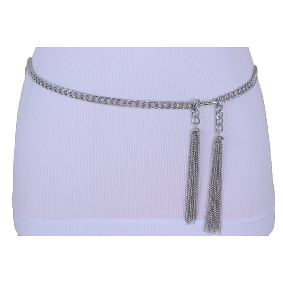 Women Silver Metal Chain Hip Waist Fashion Belt Tassel Fringes XS S M