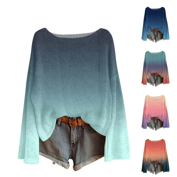 FRSASU Sweaters for Women Gradient Color Long-Sleeve Knitted Pullovers Crewneck Trendy Fall/Winter Dressy Sweaters Pink