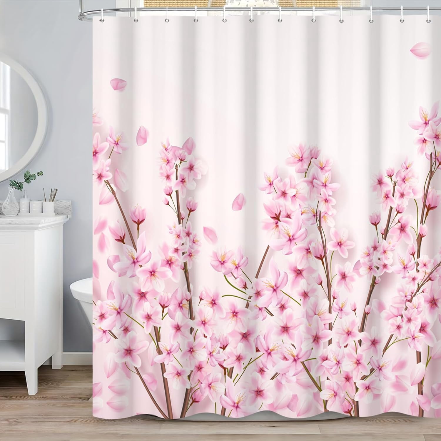 60x72 Inches Pink Cherry Blossom Shower Curtain Spring Pink Peach Floral Branches with Flower Buds Fabric Bath Shower Curtains for Bathroom Decor Waterproof Polyester with Hooks