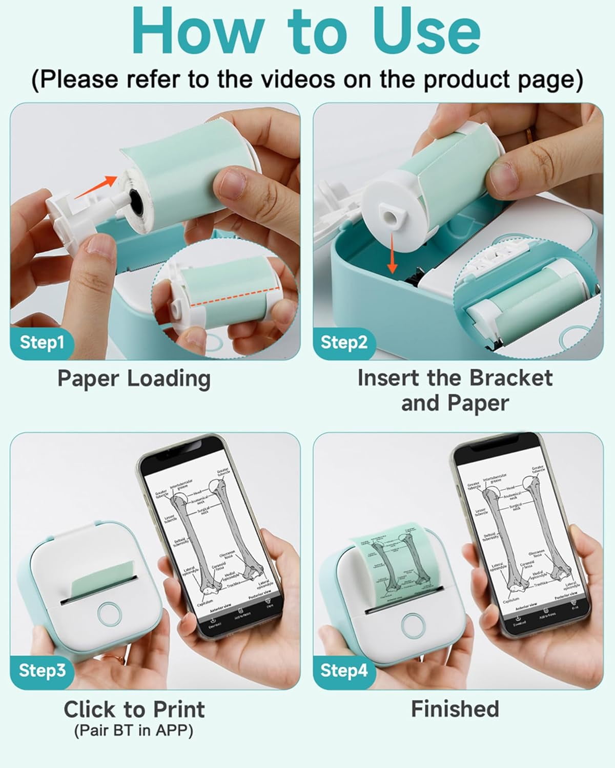 Mini Sticker Printer - T02 Mini Printer Portable Thermal Printer Inkless Sticker Maker Machine Bluetooth Pocket Printer Phone Printer for Study Graphics, Anatomical Diagrams