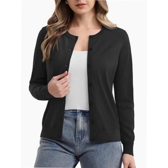 Women's Crew Neck Button Down Long Sleeve Cardigan for Women Classic Soft Ladies Cardigan Sweater Coat