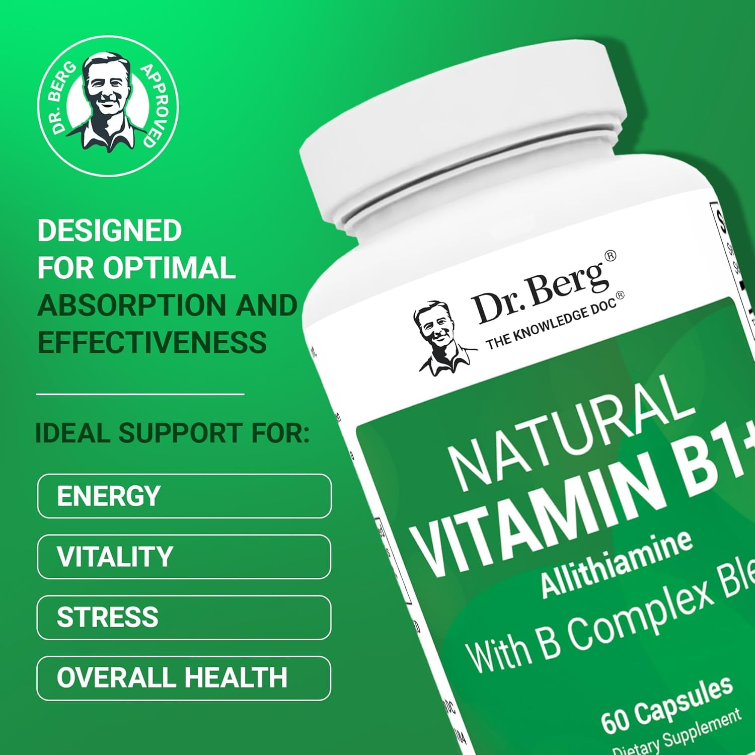 Dr. Berg Natural Vitamin B1 + with B Complex Blend - Allithiamine Vitamin B1, 60 Capsules
