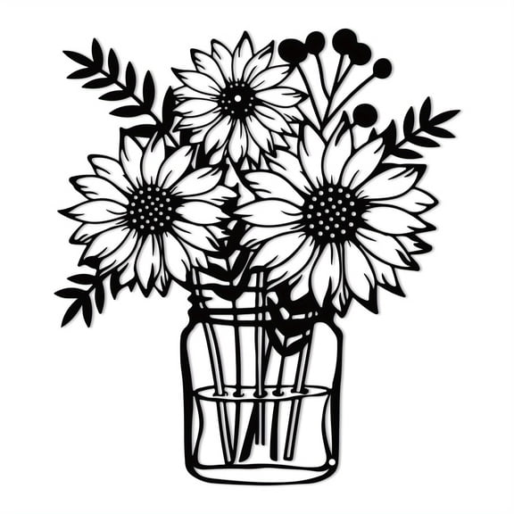 Iron Sunflower Vase Wall Art, Rustic Farmhouse Style Wall Hanging, Floral Theme Home Decor