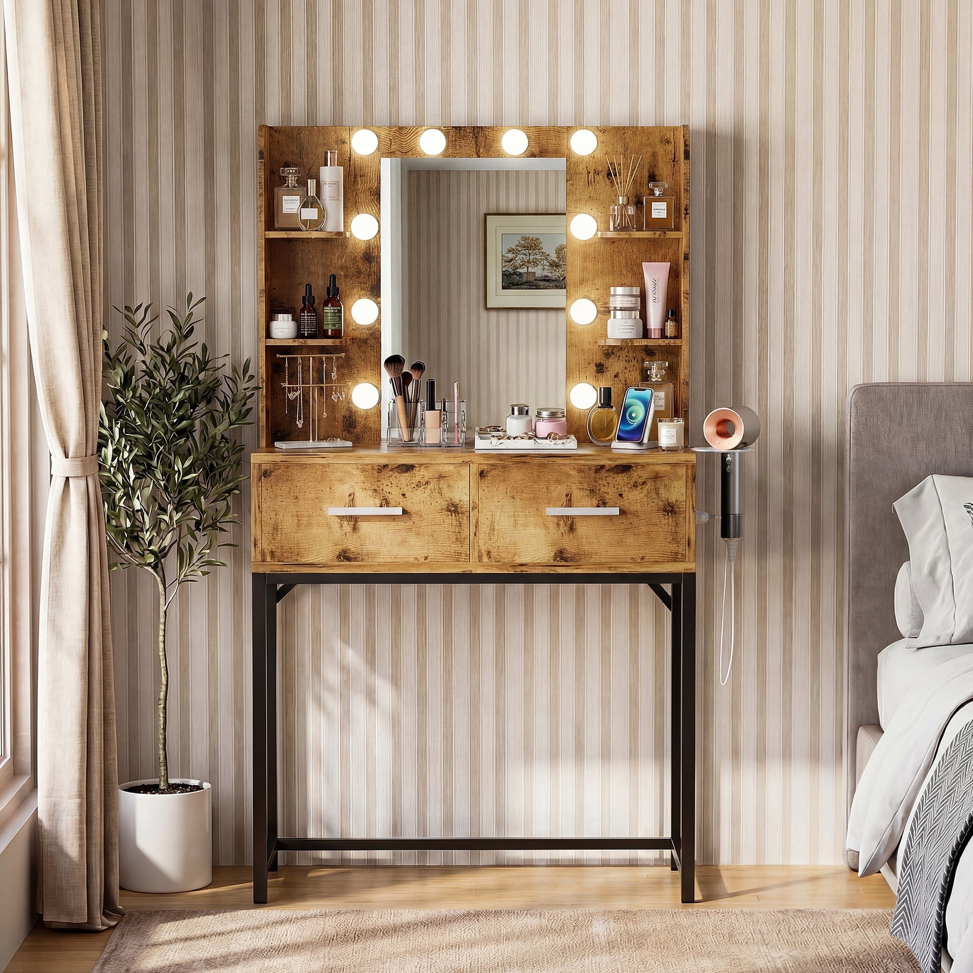 Homall Vanity Desk with Mirror, Power Outlet & LED Lights, Makeup Vanity Table with 2 Drawers & 4 Shelves, Dressing Table for Bedroom Dressing Room, Brown