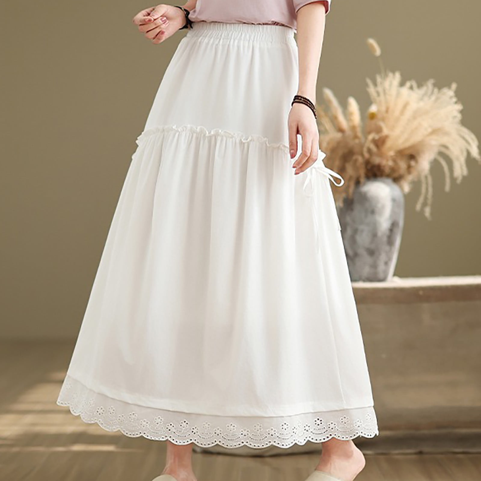 Weiqiqre Pleated Skirts for Women Long Skirt Cottagecore Elastic