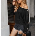 thumbnail image 2 of Camiseta de manga larga de color puro para mujer, blusa holgada informal con estilo y cuello redondo, blusa decorativa con botones para el trabajo diario, negro L, 2 of 6