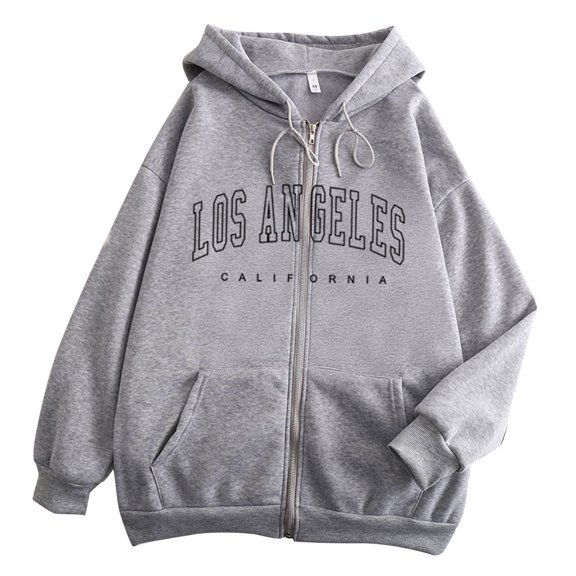 Bibifish Womens Hoodies Los Angeles Letter Printed Casual Long Sleeve Zip Up Hoodies Loose Fit Drawstring Hooded Sweatshirts With Pockets
