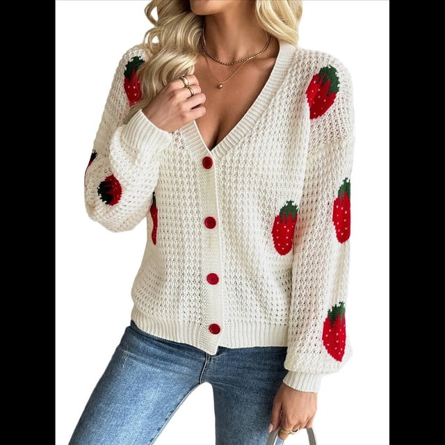 Blusa de Punto Grueso con Cuello en V y Larga con Bordado de Fresas Kawaii para Mujer Crema S