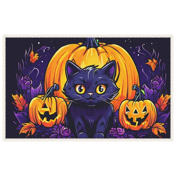 Happy Halloween Black Cat Practical Welcome Door Mats for Yard Porch Deco - Anti-slip Halloween Night Pumpkin Doormats Halloween-featured Mat 19.7x31.5in