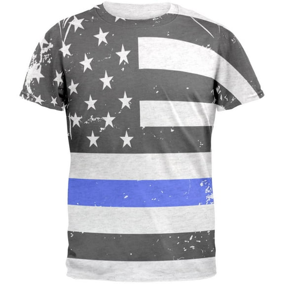 Distressed Thin Blue Line American Flag Mens T Shirt Heather White MD