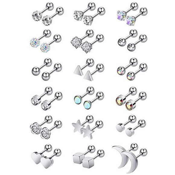 18 Pairs Stainless Steel Stud Earrings Solid Rhinestone Earring Cartilage Earrings Helix Ear Piercing Jewelry