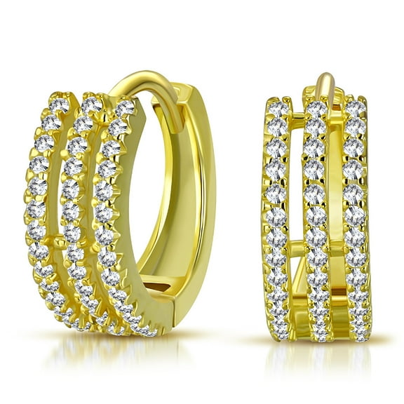 925 Sterling Silver Yellow-Tone CZ Hoop Huggie Earrings 0.60"